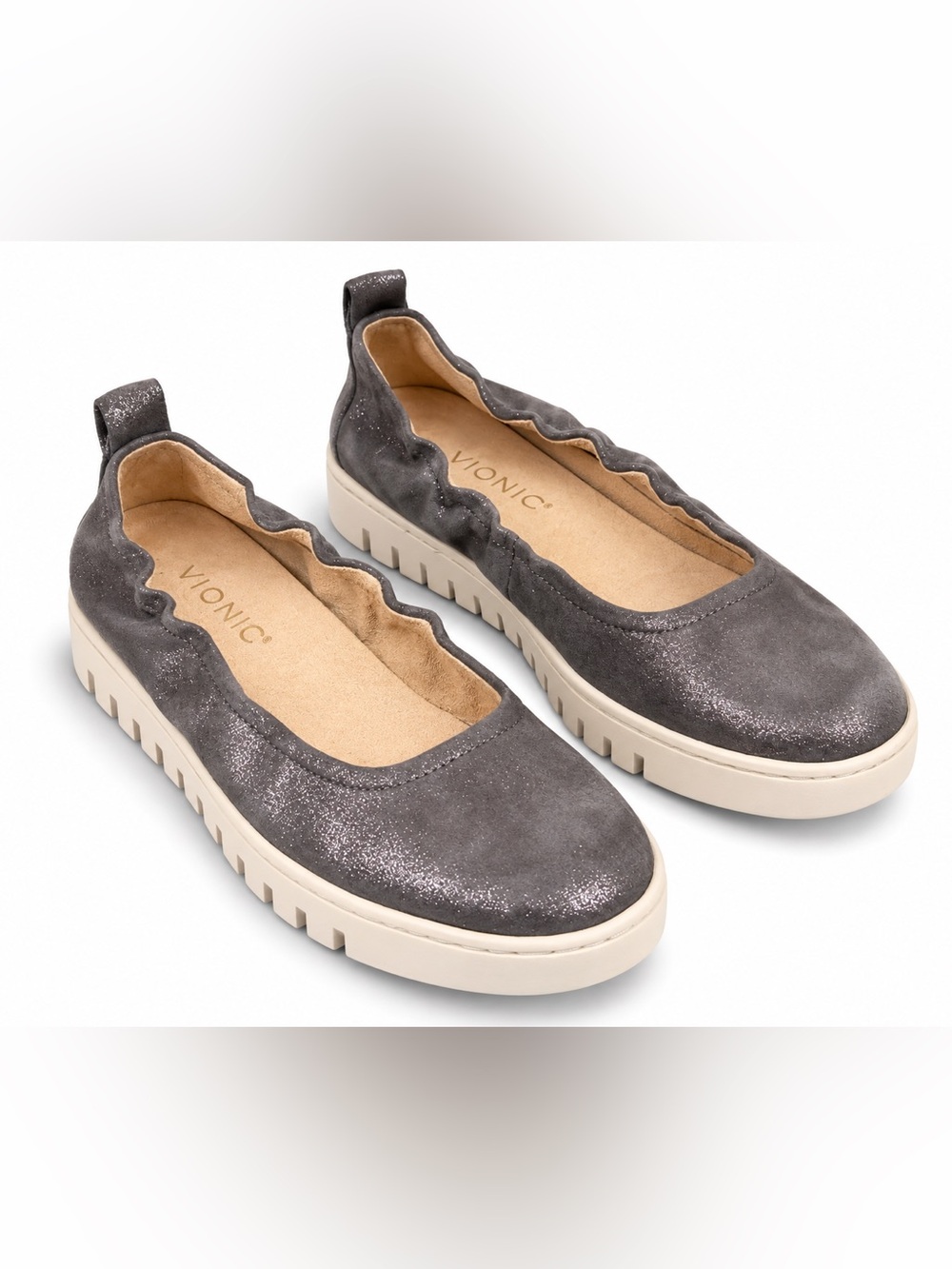 Vionic Uptown Ballet Metallic Gray Leather Comfort Flats Size 6